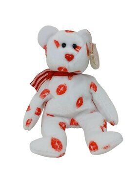 Ty Beanie Babies Smooch Bear 9" White Plush Red Lips Heart Nose 2000 #S1-C